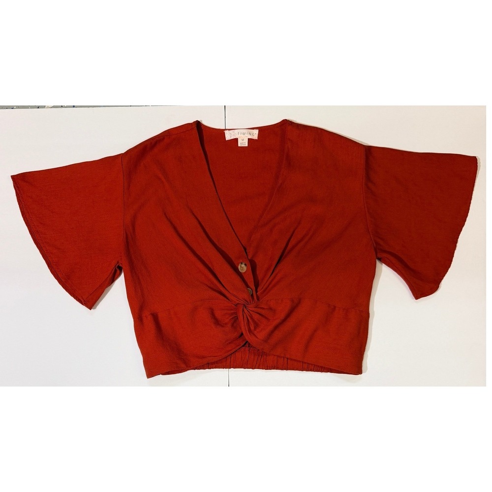 Timing Rust Red Twist Front Crop Top Medium V-Neck Linen Blend Short Sleeve - Picture 11 of 16